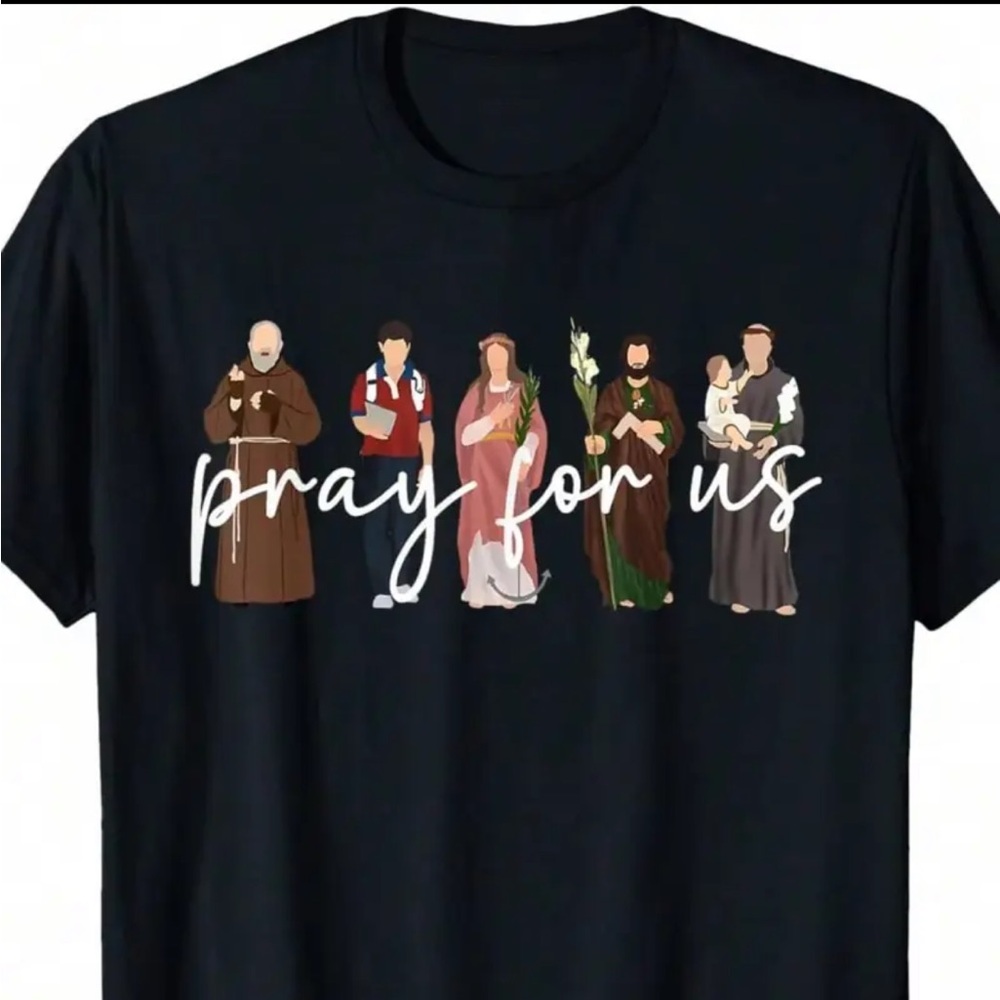 Pray for Us Catholic Saints Black SS Graphic T-Shirt 100% cotton unisex new gift